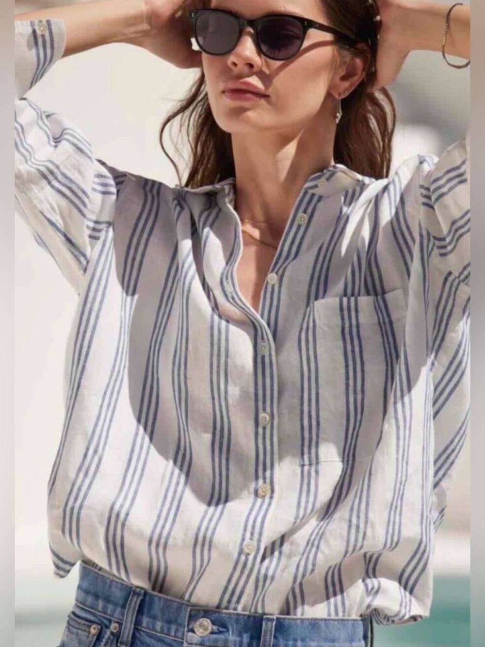 AYR White Linen Button-Down Shirt with Blue Stripes Classic Relaxed Fit